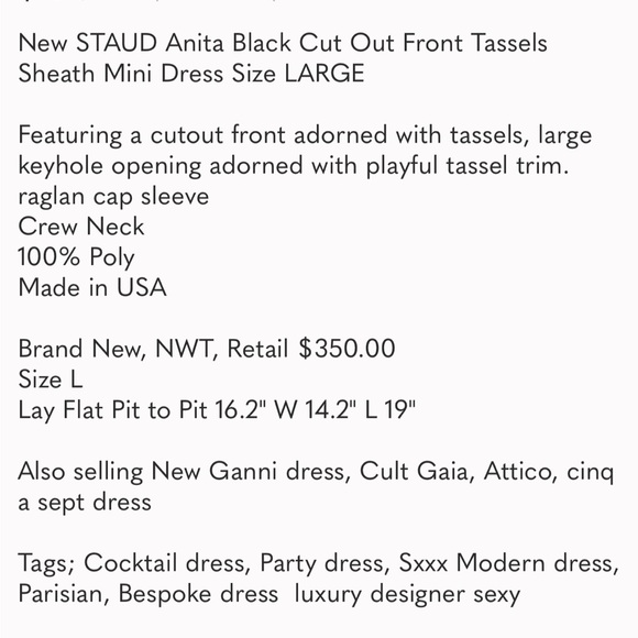 $350 NWT Staud Black Cut Out Front Tassels Dress Large mini Cutout - Picture 4 of 5